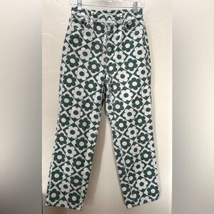 Pacsun High Rise Straight Jeans Green and White Retro Flower Print